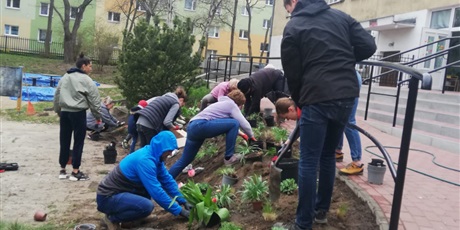 Powiększ grafikę: Na zdjęciu grupa ludzi dorosłych i dziecko w wieku przedszkolnym sadząca kwiaty wiosenne w ziemi na górce.