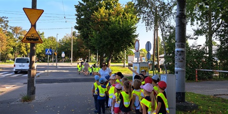 Powiększ grafikę: Na zdjęciu grupa dzieci w wieku przedszkolnym w odblaskowych kamizelka podczas spaceru na skrzyżowanie .