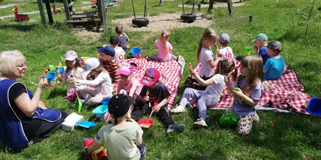 Powiększ grafikę: Na zdjęciu grupa dzieci w wieku przedszkolnym siedząca na kocach w czerwono czarną kratkę na łące  jedzących kolorowe lody.