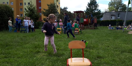 Powiększ grafikę: Na zdjęciu dzieci w wieku przedszkolnym podczas zabaw sportowych na przedszoklnym placu zaba