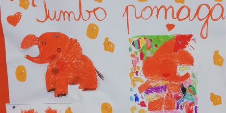 Powiększ grafikę: Na zdjęciu kolorowe obrazki pomarańczowych słoni.
