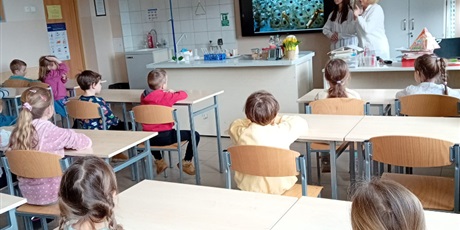 Powiększ grafikę: Na zdjęciu grupa dzieci w wieku przedszkolnym siedzących w szkolnych ławkach podczas zajęć