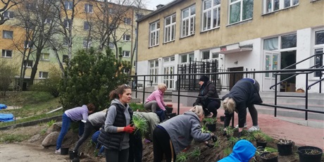 Powiększ grafikę: Na zdjęciu grupa ludzi dorosłych oraz dziecko w wieku przedszkolnym  sadząca kwiaty wiosenne w ziemi na górce na terenie ogrodu przedszkolnego