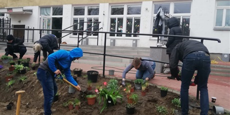 Powiększ grafikę: Na zdjęciu grupa ludzi sadząca kwiaty wiosenne w ziemi na górce.