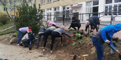 Powiększ grafikę: Na zdjęciu grupa ludzi sadząca kwiaty wiosenne w ziemi na górce.