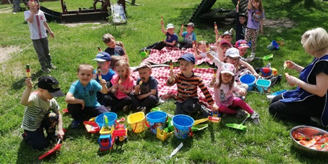 Powiększ grafikę: Na zdjęciu grupa dzieci w wieku przedszkolnym siedząca na kocach w czerwono czarną kratkę na łące  jedzących kolorowe lody.
